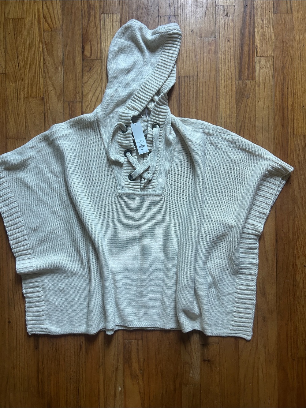 Francesca's Collections Cream Hooded Lace-Up Poncho Sweater
